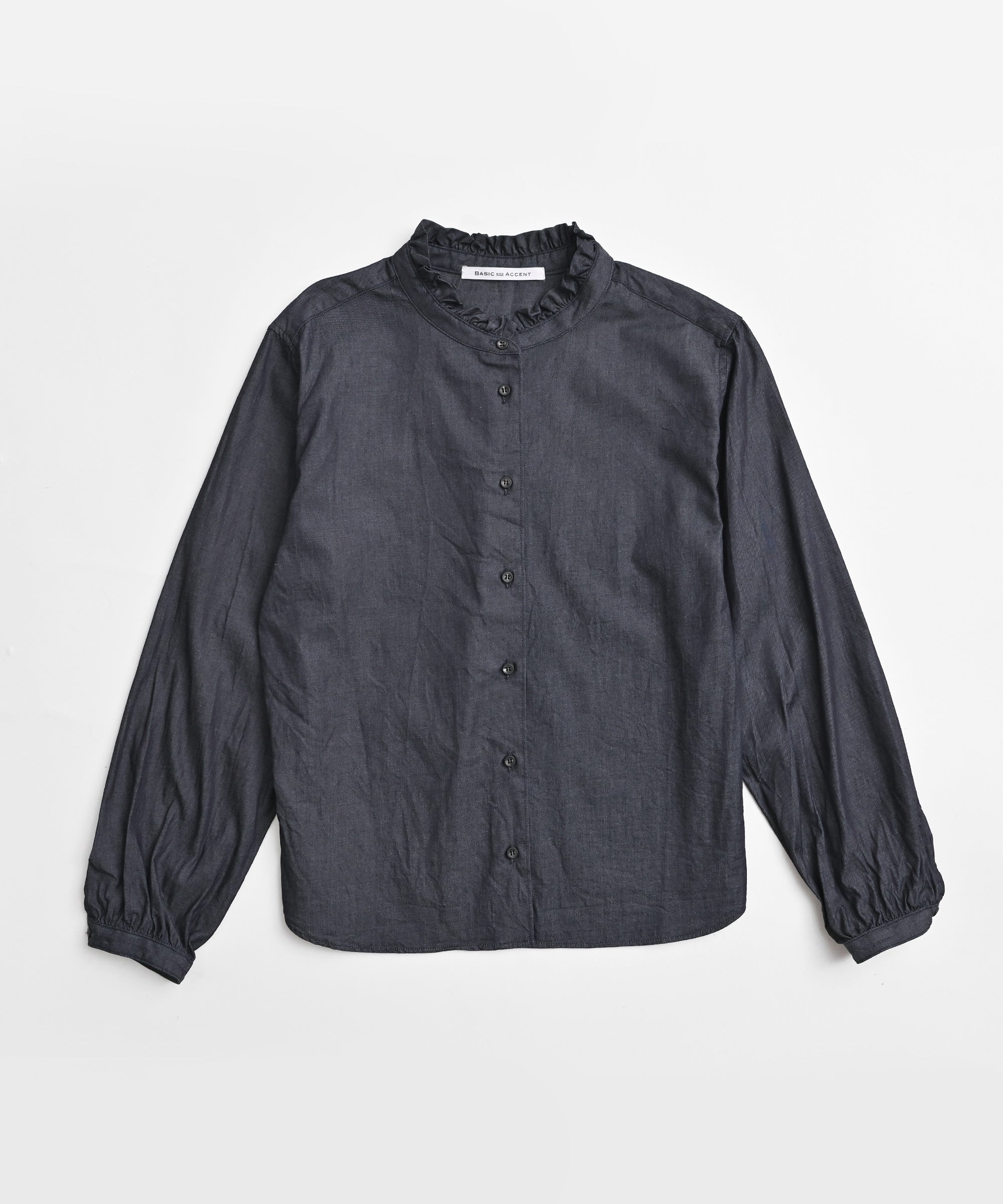 BASIC AND ACCENT】ワンカラーデニムフリルブラウス 長袖