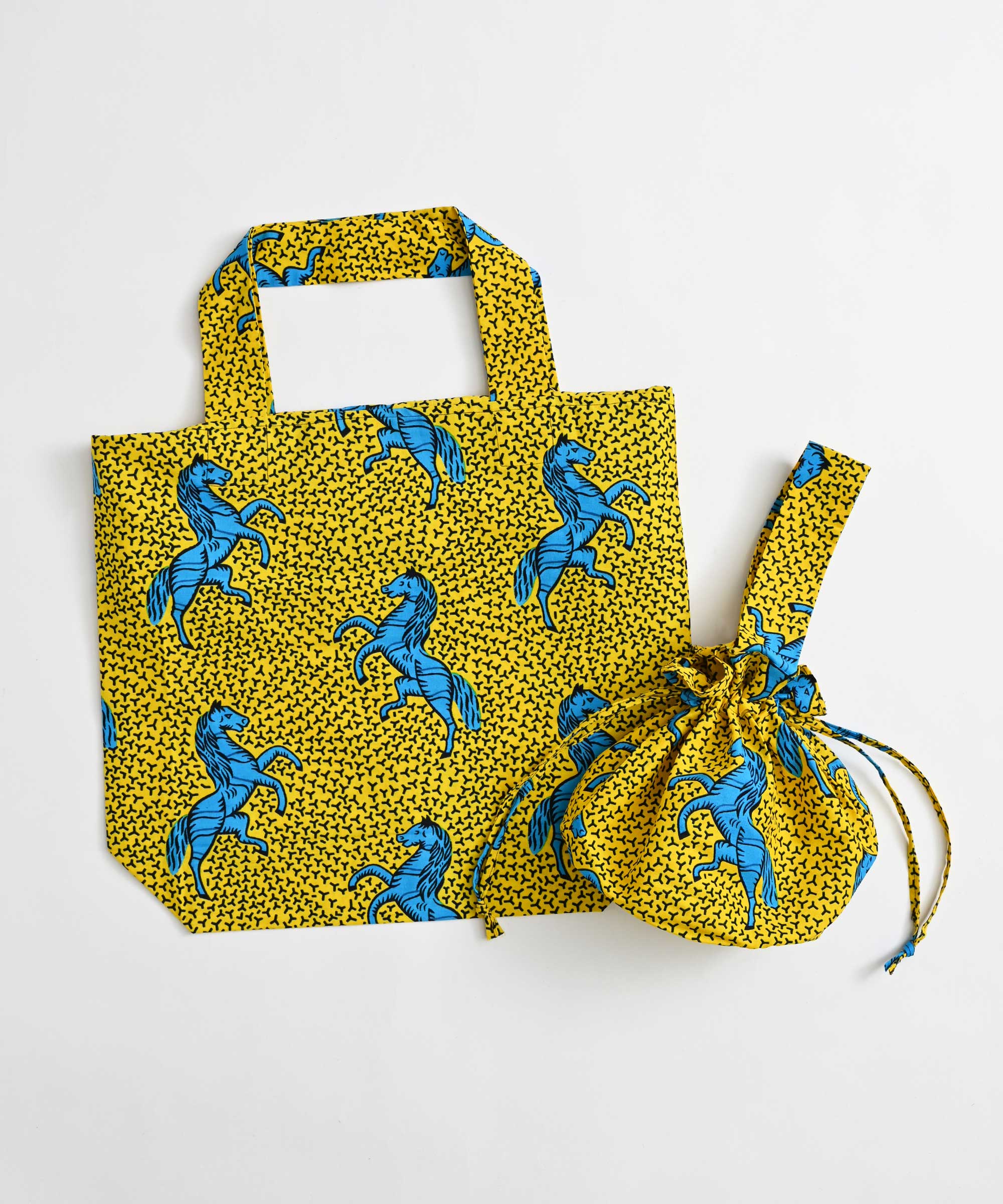 AFRICANSQUARE】パーニュ 巾着バッグ 丸底 ワンハンドル ホース